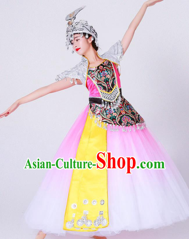 Chinese Miao Nationality Minority Folk Dance Costumes Ethnic Woman Stage Performance Pink Dress Outfits
