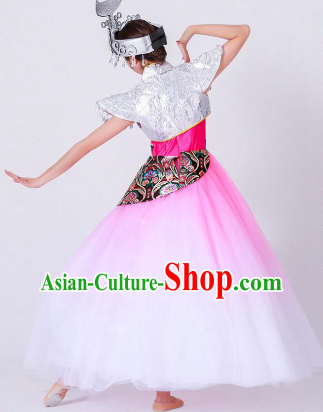 Chinese Miao Nationality Minority Folk Dance Costumes Ethnic Woman Stage Performance Pink Dress Outfits