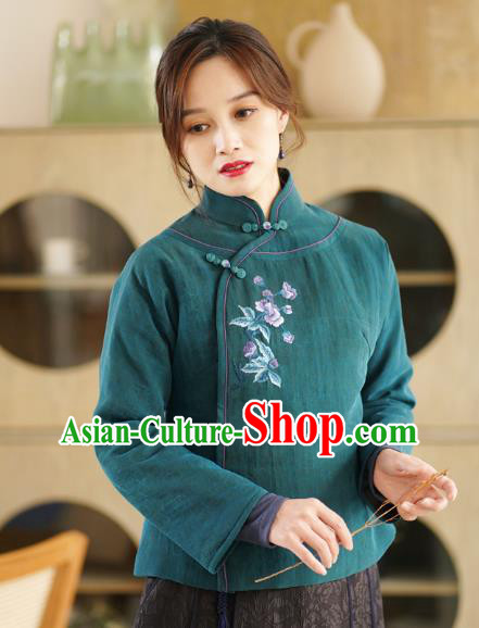 China National Green Jacket Winter Women Clothing Tang Suit Embroidered Short Coat