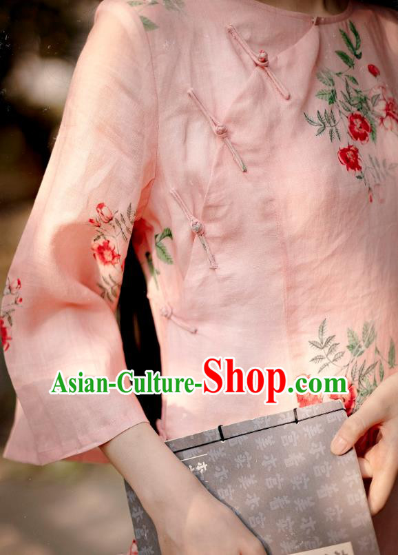 Chinese National Round Collar Qipao Dress Traditional Printing Pink Ramie Cheongsam