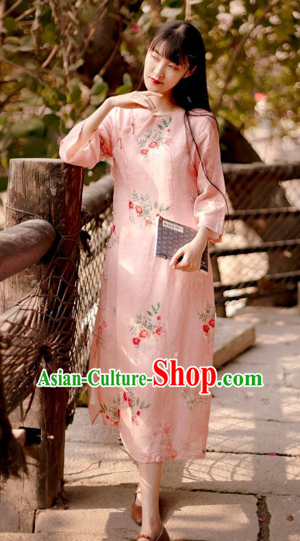 Chinese National Round Collar Qipao Dress Traditional Printing Pink Ramie Cheongsam