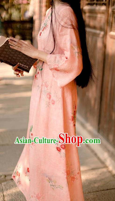 Chinese National Round Collar Qipao Dress Traditional Printing Pink Ramie Cheongsam