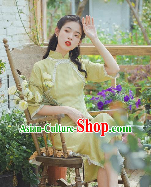 Chinese National Young Lady Qipao Dress Traditional Yellow Cheongsam Clothing