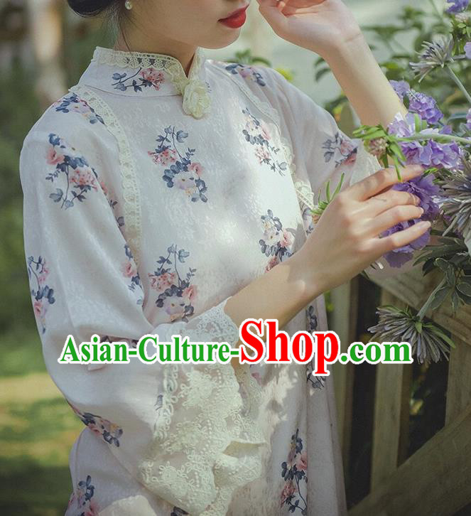 Chinese Traditional Printing White Flax Cheongsam Clothing National Stand Collar Qipao Dress