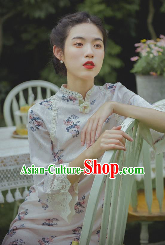 Chinese Traditional Printing White Flax Cheongsam Clothing National Stand Collar Qipao Dress