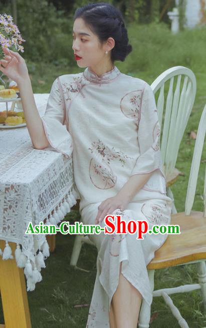 Chinese Traditional Wide Sleeve Cheongsam Clothing National Printing Beige Flax Qipao Dress