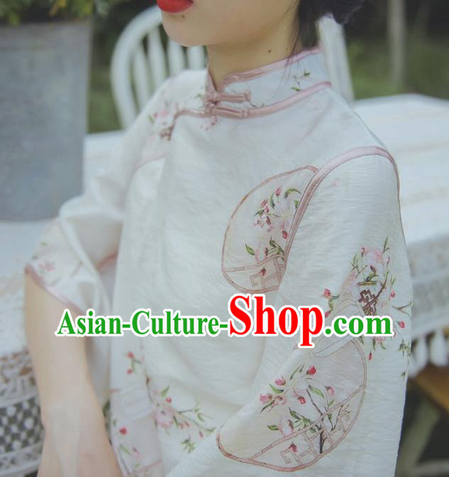 Chinese Traditional Wide Sleeve Cheongsam Clothing National Printing Beige Flax Qipao Dress
