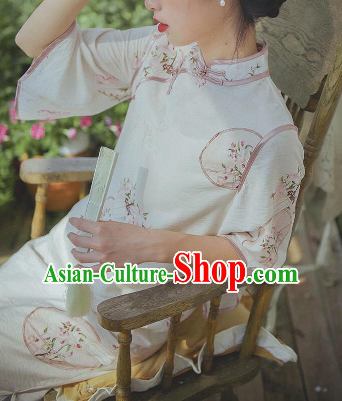 Chinese Traditional Wide Sleeve Cheongsam Clothing National Printing Beige Flax Qipao Dress