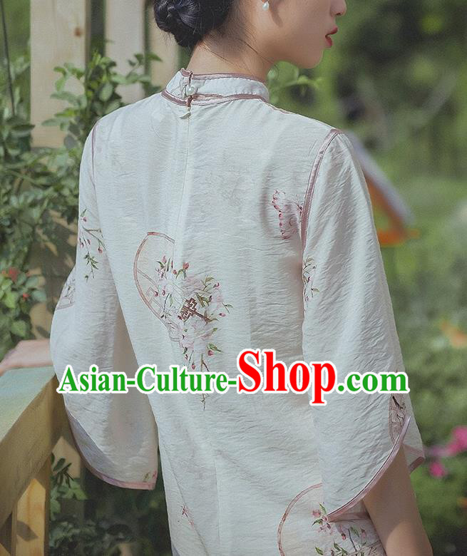 Chinese Traditional Wide Sleeve Cheongsam Clothing National Printing Beige Flax Qipao Dress