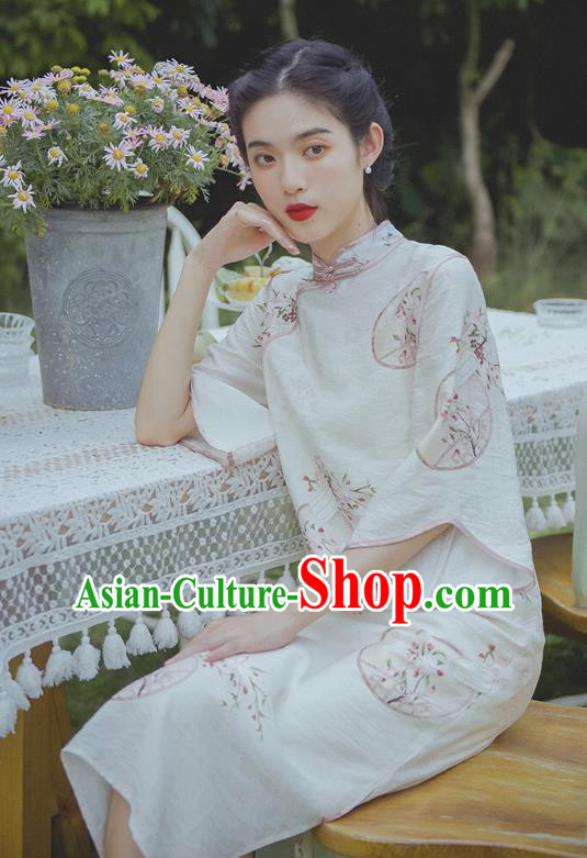Chinese Traditional Wide Sleeve Cheongsam Clothing National Printing Beige Flax Qipao Dress
