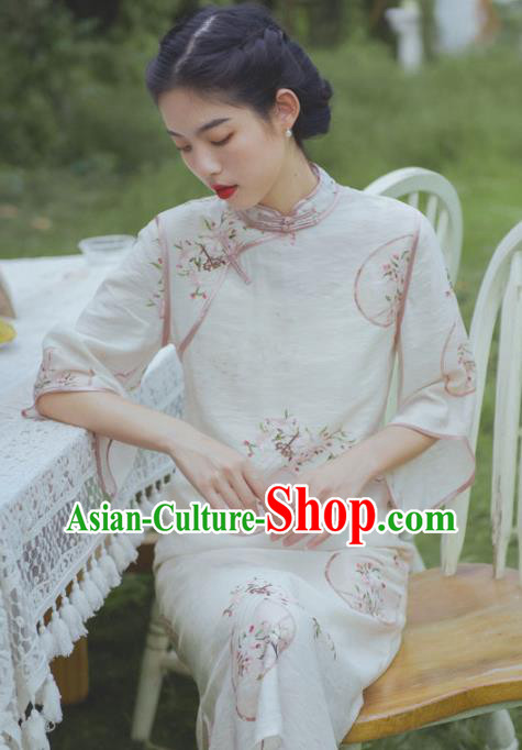 Chinese Traditional Wide Sleeve Cheongsam Clothing National Printing Beige Flax Qipao Dress