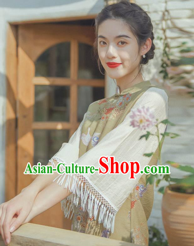 Chinese National Light Green Qipao Dress Traditional Wide Sleeve Cheongsam Clothing