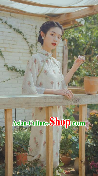 Chinese Traditional Wide Sleeve Cheongsam Clothing National Printing White Chiffon Qipao Dress