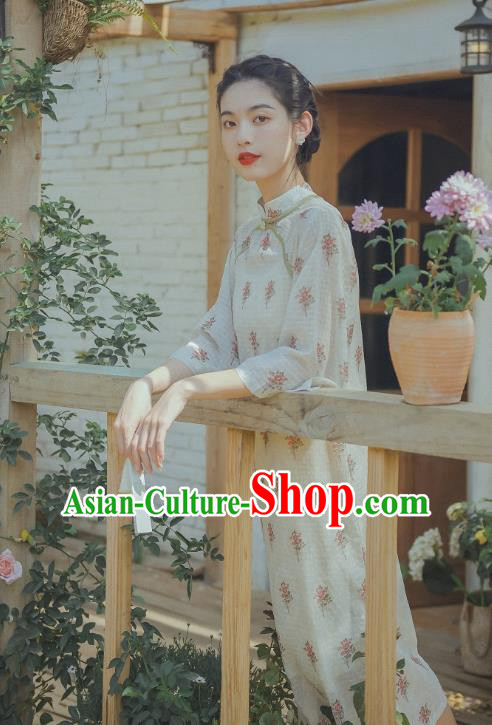 Chinese Traditional Wide Sleeve Cheongsam Clothing National Printing White Chiffon Qipao Dress
