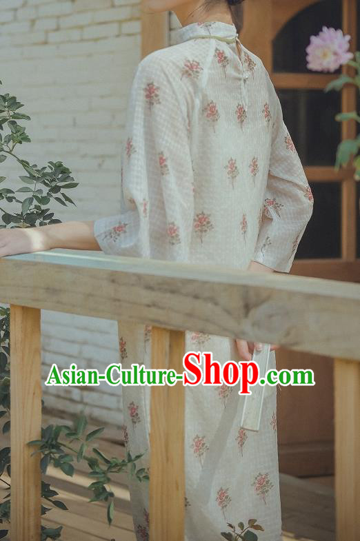 Chinese Traditional Wide Sleeve Cheongsam Clothing National Printing White Chiffon Qipao Dress