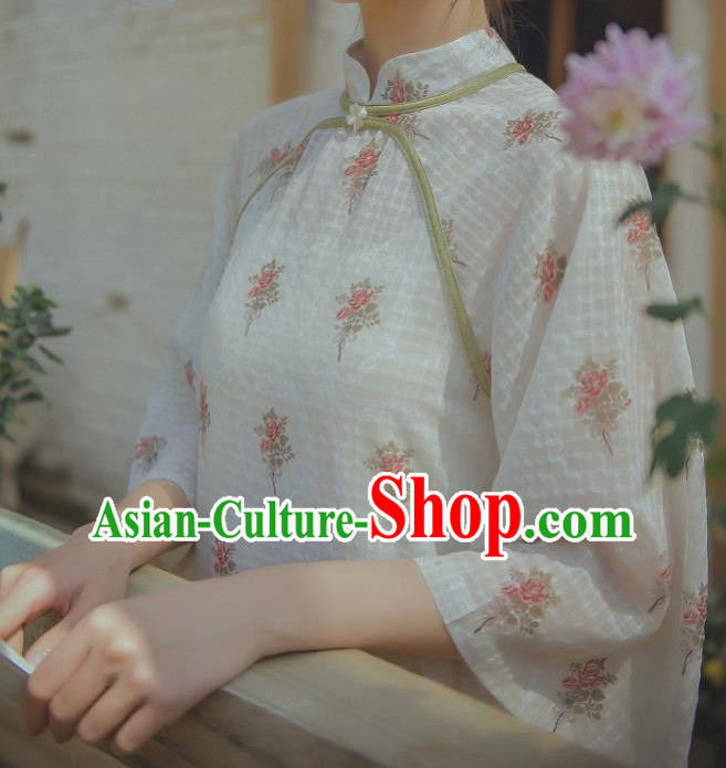 Chinese Traditional Wide Sleeve Cheongsam Clothing National Printing White Chiffon Qipao Dress