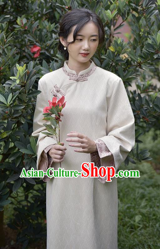 Chinese Traditional Tang Suit Cheongsam Clothing National Beige Suede Qipao Dress