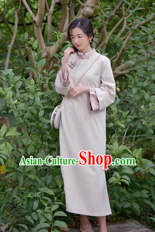 Chinese Traditional Tang Suit Cheongsam Clothing National Beige Suede Qipao Dress
