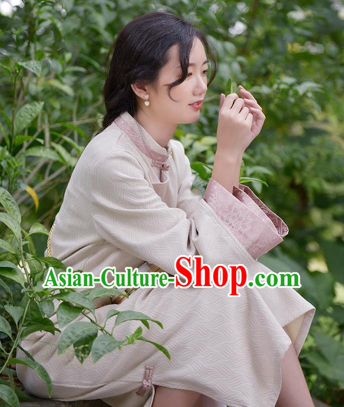 Chinese Traditional Tang Suit Cheongsam Clothing National Beige Suede Qipao Dress