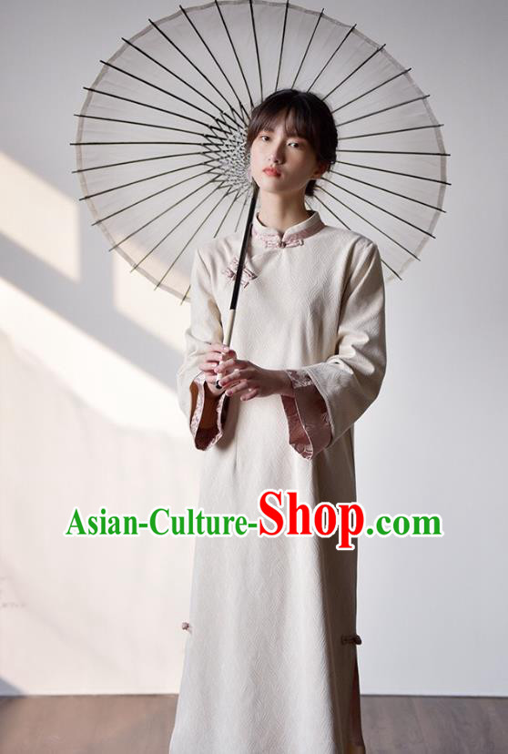 Chinese Traditional Tang Suit Cheongsam Clothing National Beige Suede Qipao Dress