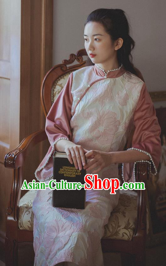 Chinese Traditional Wide Sleeve Cheongsam Clothing National Pink Corduroy Qipao Dress