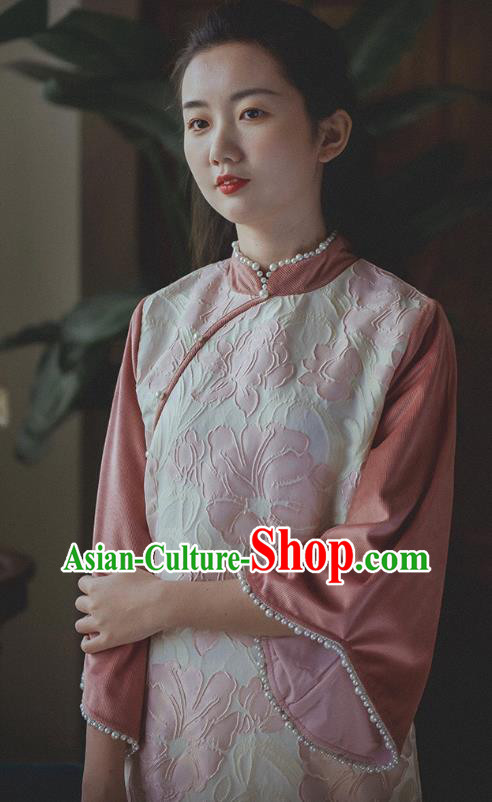 Chinese Traditional Wide Sleeve Cheongsam Clothing National Pink Corduroy Qipao Dress