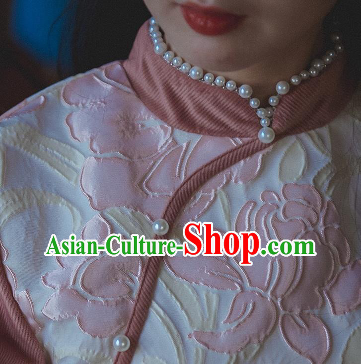 Chinese Traditional Wide Sleeve Cheongsam Clothing National Pink Corduroy Qipao Dress