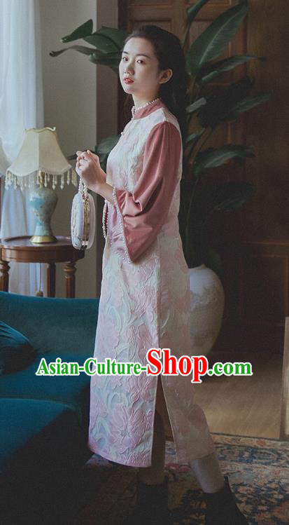 Chinese Traditional Wide Sleeve Cheongsam Clothing National Pink Corduroy Qipao Dress