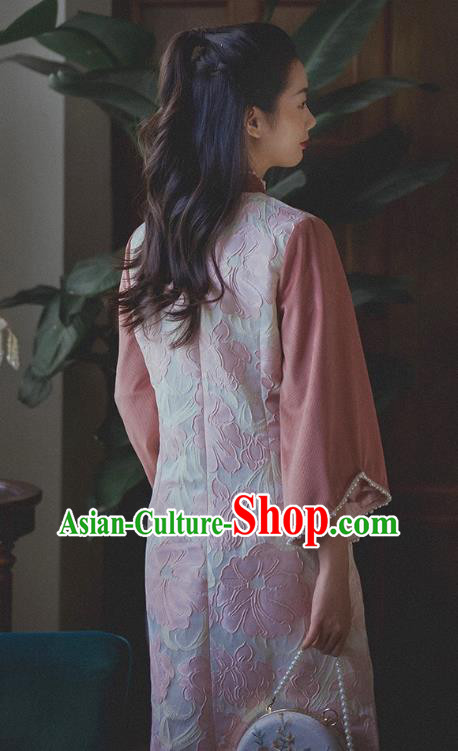 Chinese Traditional Wide Sleeve Cheongsam Clothing National Pink Corduroy Qipao Dress