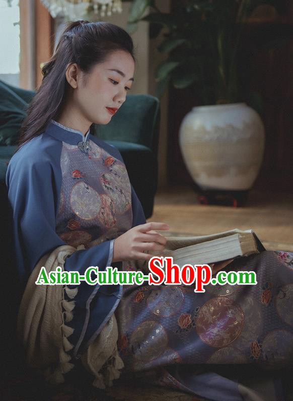 Chinese Traditional Stand Collar Cheongsam Clothing National Printing Blue Wide Sleeve Qipao Dress