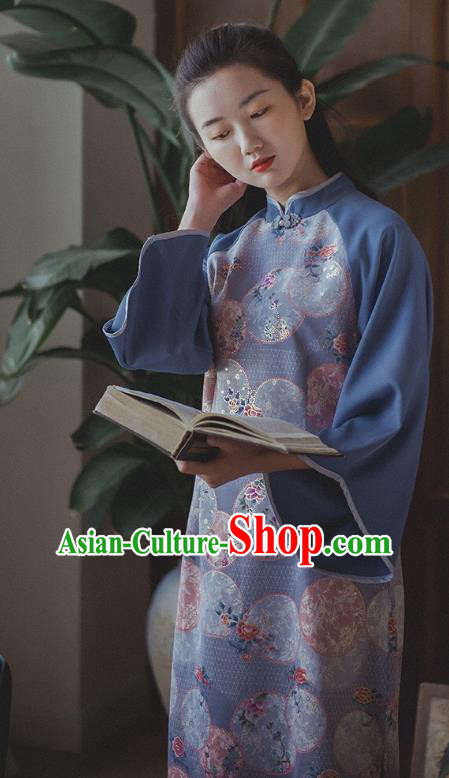 Chinese Traditional Stand Collar Cheongsam Clothing National Printing Blue Wide Sleeve Qipao Dress