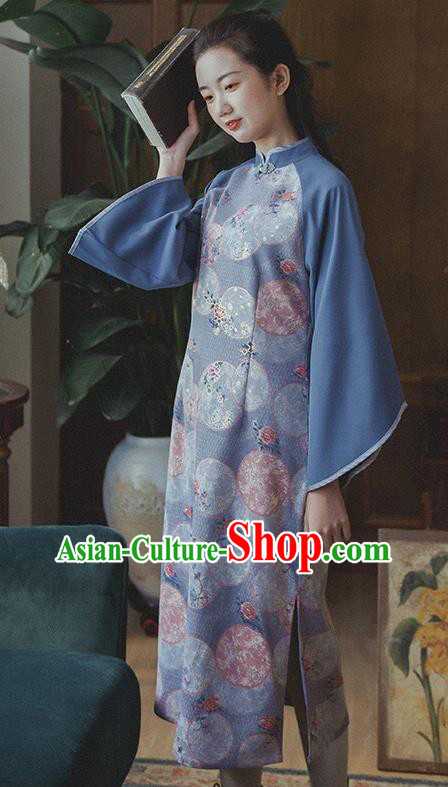 Chinese Traditional Stand Collar Cheongsam Clothing National Printing Blue Wide Sleeve Qipao Dress