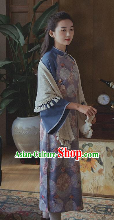 Chinese Traditional Stand Collar Cheongsam Clothing National Printing Blue Wide Sleeve Qipao Dress