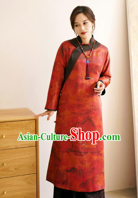 China Female Gambiered Guangdong Gauze Long Cheongsam Red Silk Qipao Dress