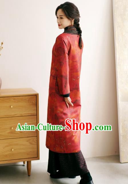 China Female Gambiered Guangdong Gauze Long Cheongsam Red Silk Qipao Dress