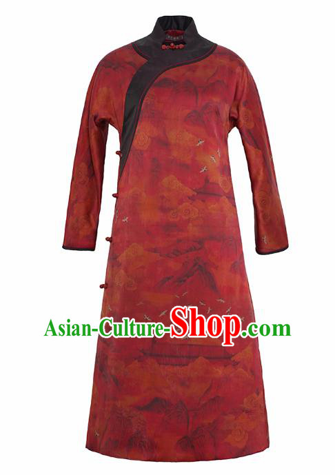 China Female Gambiered Guangdong Gauze Long Cheongsam Red Silk Qipao Dress