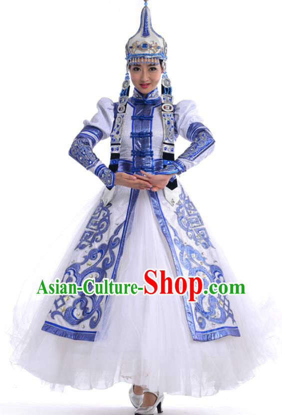 Chinese Mongol Nationality Minority Stage Performance Costumes Mongolian Ethnic Bride White Dress Outfits