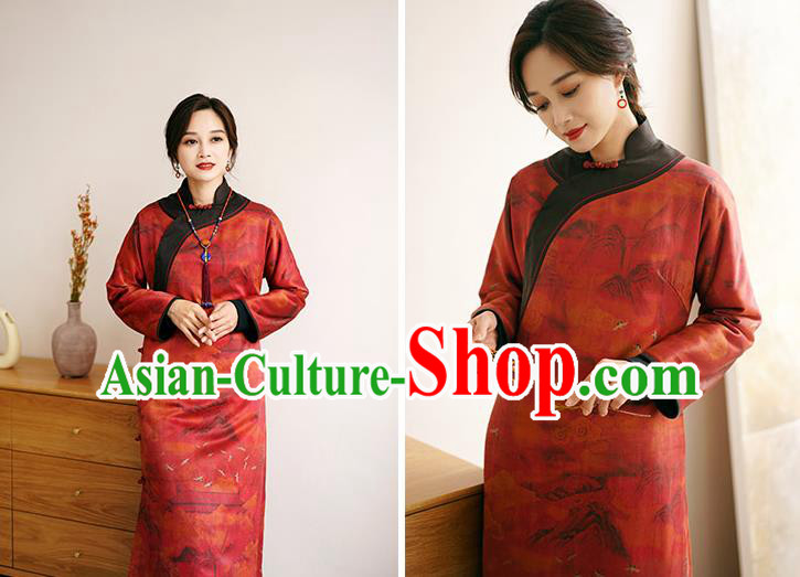 China Female Gambiered Guangdong Gauze Long Cheongsam Red Silk Qipao Dress