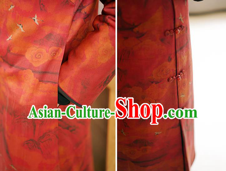 China Female Gambiered Guangdong Gauze Long Cheongsam Red Silk Qipao Dress
