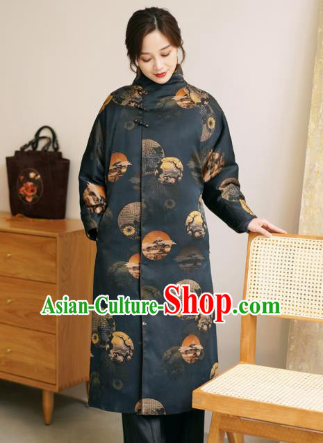 China Winter Women Navy Silk Clothing Tang Suit Overcoat National Classical Cotton Wadded Coat