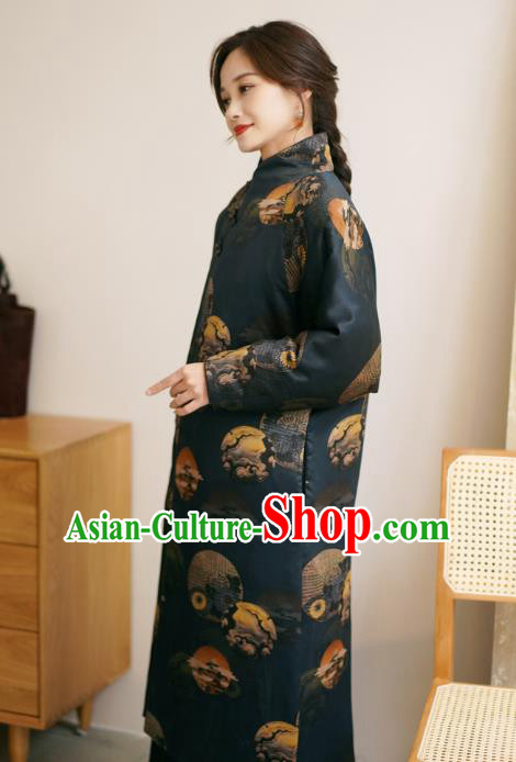 China Winter Women Navy Silk Clothing Tang Suit Overcoat National Classical Cotton Wadded Coat