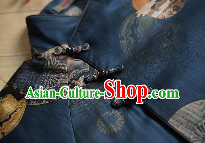 China Winter Women Navy Silk Clothing Tang Suit Overcoat National Classical Cotton Wadded Coat