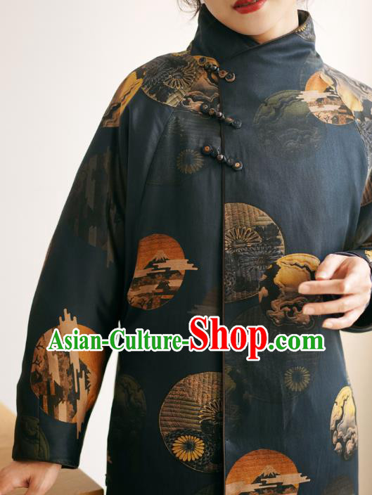 China Winter Women Navy Silk Clothing Tang Suit Overcoat National Classical Cotton Wadded Coat