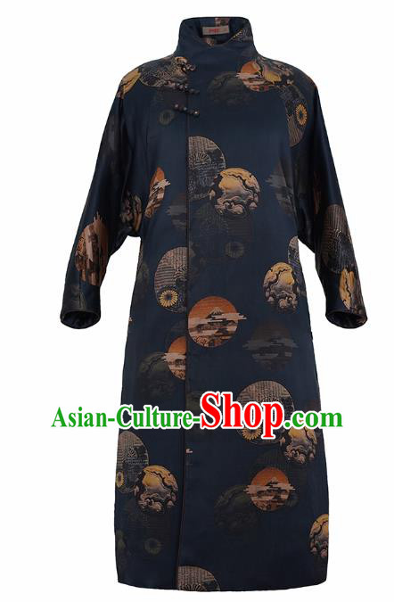 China Winter Women Navy Silk Clothing Tang Suit Overcoat National Classical Cotton Wadded Coat