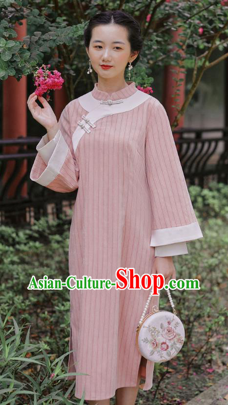 Chinese Traditional Young Lady Wide Sleeve Cheongsam Clothing National Pink Woolen Qipao Dress