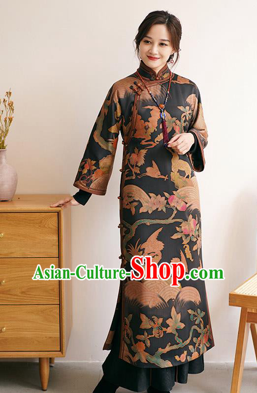 China Female Printing Long Cheongsam Winter Black Silk Qipao Dress