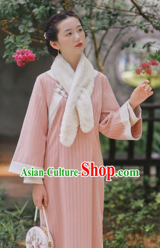 Chinese Traditional Young Lady Wide Sleeve Cheongsam Clothing National Pink Woolen Qipao Dress