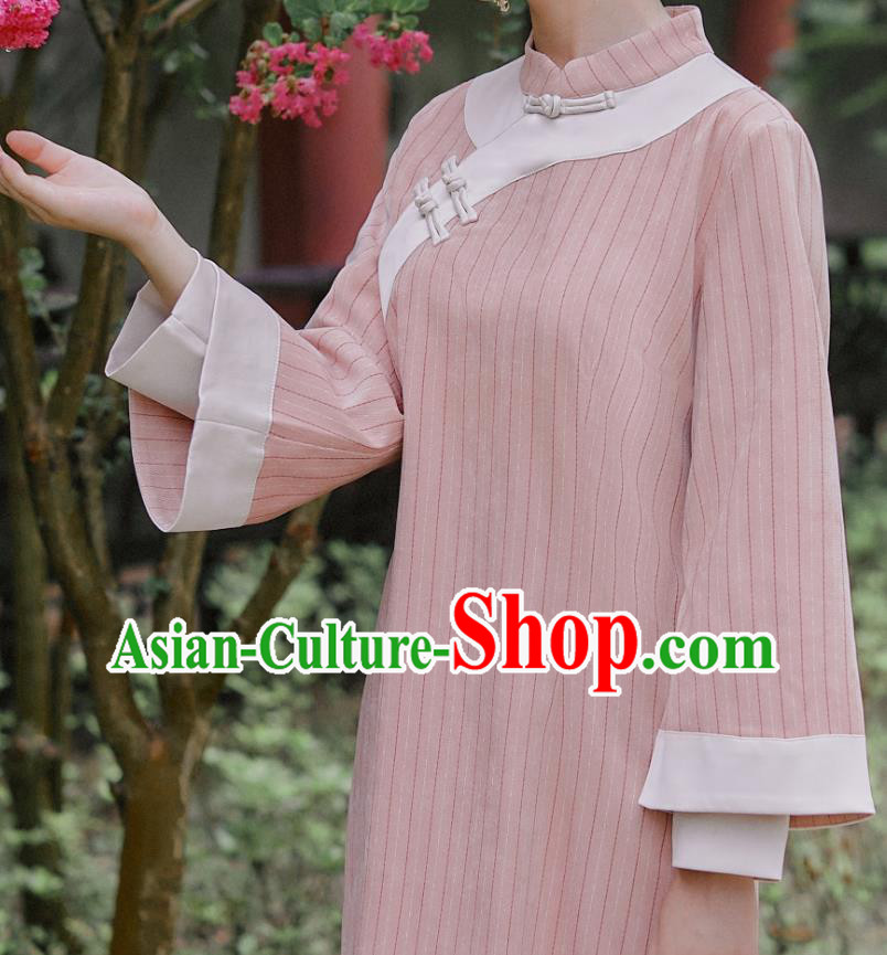 Chinese Traditional Young Lady Wide Sleeve Cheongsam Clothing National Pink Woolen Qipao Dress
