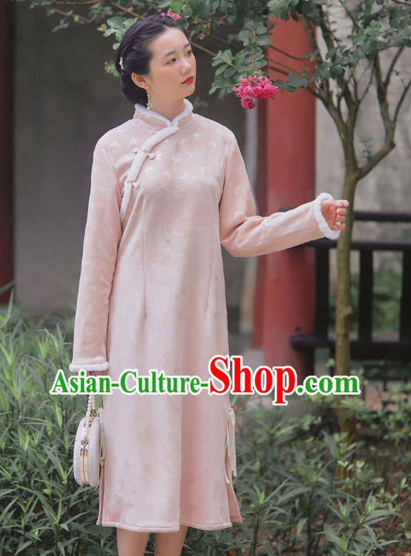 Chinese Traditional Winter Young Lady Cheongsam Clothing National Pink Suede Qipao Dress