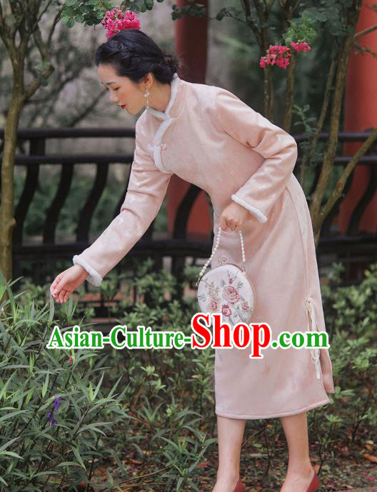 Chinese Traditional Winter Young Lady Cheongsam Clothing National Pink Suede Qipao Dress